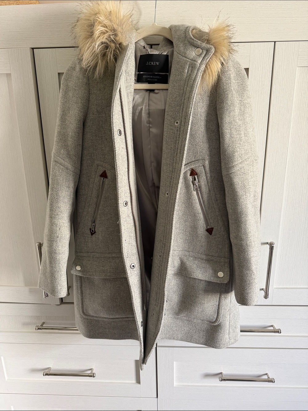 J. Crew Light Gray Wool Blend Pea Coat with Faux Fur Trim Hood